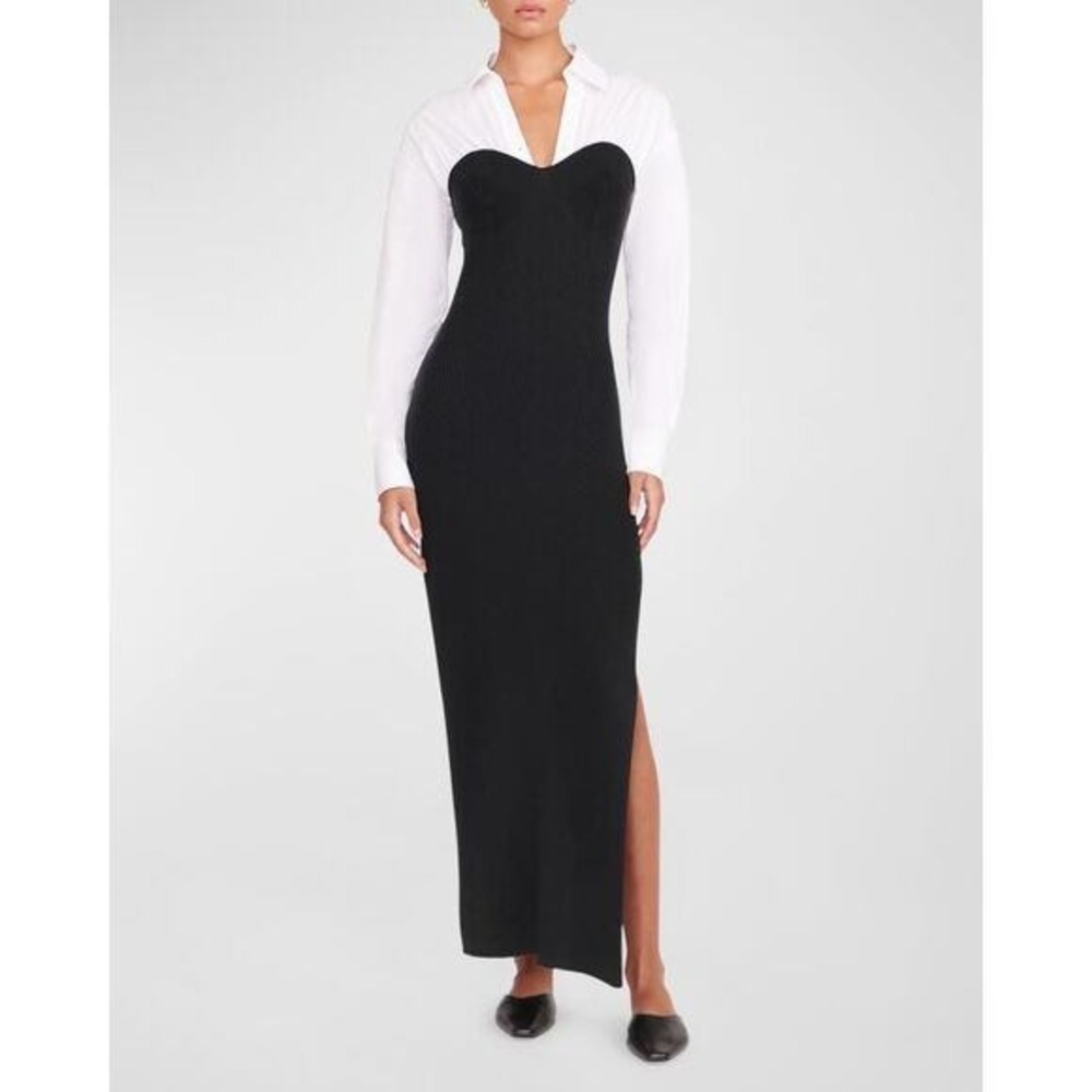 STAUD Hazel Mixed Media Knit Midi Dress in Black/White - Size Large - NWT